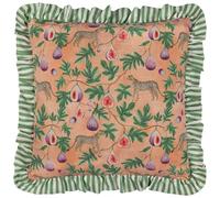 Wylder Tropics Okara Leopard And Fig Printed Ruffle Feather Filled Cushion - Peach/Green - 50x50cm