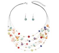 WYLZLKX Elegant Multi Color Beaded Jewelry Set Festive Women's Necklace Earrings with Multilayer Crystal Beads.Multi