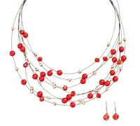 WYLZLKX Elegant Multi Color Beaded Jewelry Set Festive Women's Necklace Earrings with Multilayer Crystal Beads.Red