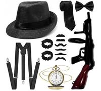 Wynlora 14pcs 1920s Gangster Costume Set for Men, Roaring 20s Costume Accessories Kit with hat Suspenders Pocket Watch Bow Tie Beards Cuffs Tie Inflatable Prop for Carnivals Halloween Themed Parties