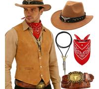 Wynlora 5Pcs Men’s Cowboy Outfits Set,Western Cowboy Fancy Dress with Waistcoat Wide Brim Hat Belt Paisley Bandanna Bull Head Necklace Wild Western Accessories for Adult Cosplay (Brown, XL)
