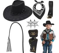 Wynlora 7Pcs Western Cowboy Accessories Set, Wild West Cowboy Costume Kit with Hat Headscarf Holster Belt Whip for Role Play Halloween Party Cosplay (Style 3)