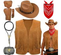 Wynlora 7Pcs Western Cowboy Costume Set for Men, Cowboy Fancy Dress Accessory Kit with Hat Tasseled Vest Paisley Bandanna Buckle Belts Holsters for Adult Carnivals Halloween Parties (Brown, XL)