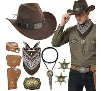 Wynlora 8Pcs Western Cowboy Costume Accessories Set, Wild West Cowboy Hat with Paisley Bandana Holster Belt Bolo Tie Necklace & Sheriff Badge for Men Theme Party Halloween Party