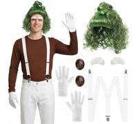 Wynlora Adults Factory Worker Costume, Include Green Wig, White Gloves Adjustable White Suspenders Eyebrows Buttons Chocolate Fancy Dress for World Book Day Halloween Dress Up Outfit