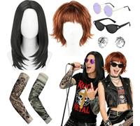 Wynlora Couple Rock Star Costume Set, Gothic Punk Fancy Dress Accessories Includes Wigs Tattoos Sleeves Sunglasses Cross Necklace Rings for Men Women Halloween Music Festival