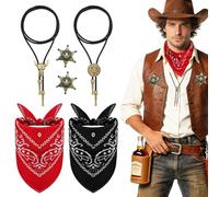 Wynlora Men's Cowboy Costume Accessories Set, 6Pcs Wild West Kit with Bandana Bolo Ties&Sheriff Badge Cowboy Fancy Dress for Women Adults Cosplay Party