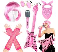 Wynlora Punk Gothic Rocker Accessories, Heavy Metal Rock Costume Set with Pink Wig Inflatable Guitar Microphone Gloves Glasses Bandana for Women Adult Cosplay Party