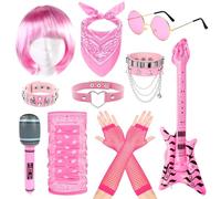 Wynlora Punk Gothic Rocker Accessories, Heavy Metal Rock Costume Set with Pink Wig Inflatable Guitar Microphone Gloves Glasses Bandana for Women Adult Cosplay Party(SYtyle 1)