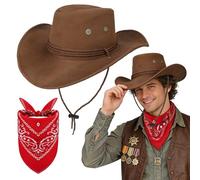 Wynlora Unisex Cowboy Hat & Red Bandana Set, Wild Western Wide Brim Hat with Neck Scarf Cowboy Accessories for Fancy Dress Festivals Halloween Party
