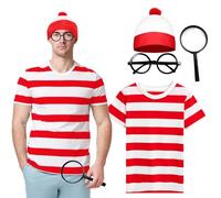 Wynlora Wally Costume Cosplay Accessory, Red and White Striped Top with Beanie Hat Frameless Glasses Fancy Dress Costume Outfit for Adult World Book Day Theme Party Halloween Christmas (S)