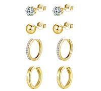 wynn's Sterling Silver Stud Earrings for Women, Gold Stud Earrings & Hoop Earrings Set, 4 Pairs Small Cartilage Sleepers Studs Hoops Earrings Set, 4mm Studs & 12mm Hoops, Gold Earrings