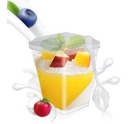 wynott 50PCS Mini Dessert Cups Lids and Spoons 160ml Reusable Plastic Dessert Cups Set Plastic Square Dessert Cups Pots Clear Parfait Appetizer Cup Dessert Bowls Serving Bowl for Dessert Cake Jelly