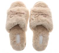 Wynsors Embers Mule Slippers for Women - Beige Ladies Slippers, Luxury Faux Fur Mule Slipper with Contrast Glitter Bow, Soft & Cosy Feel with TPR Outsole Beige 8 UK