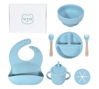 WYNStore - Light Blue Baby Weaning Set - Includes Straw Cup, Suction Bowl, Spoon, Fork, Suction Baby Plate & Bib - Ideal Toddler Feeding Set, Baby Registry Gift & Birthday Present - 7 Pieces