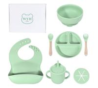 WYNStore - Sage Green Baby Weaning Set - Includes Straw Cup, Suction Bowl, Spoon, Fork, Suction Baby Plate & Bib - Ideal Toddler Feeding Set, Baby Registry Gift & Birthday Present - 7 Pieces