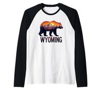 Wyoming Bear and Mountain Sunset Graphic Raglan Baseball Tee