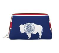 Wyoming State Flag Leather Hand-Held Zipper Makeup Bag Pen Case Stationery Box Lipstick Pouch Toiletry Bag