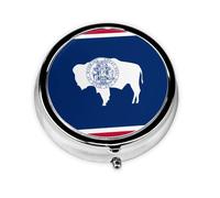 Wyoming State Flag Round mini Pill Box, Lightweight and Portable, with 3 Plastic Inserts, Suitable for Carrying in Pockets or Wallets.