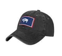 Wyoming State Flag Washed Cowboy Baseball Cap for Adults - Stylish and Breathable Hat with Adjustable Strap, Black, One size