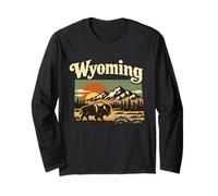 Wyoming State Retro Bison Mountain Sunset Landscape Long Sleeve T-Shirt