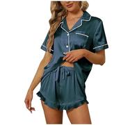Wyongtao 2 Piece Pyjamas Set for Women Silk Pyjama Button Down Short Sleeve Tops and Ruffle Shorts V Neck Solid Color Satin Pjs Set Loose Comfy Sleepwear Loungewear Two Piece Pj Sets Summer Navy