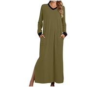 Wyongtao Women's Long Nightgown Cotton Maxi Nightdress Soft Comfy Nightshirt Nightie Long Sleeve V Neck Side Slit Sleep Dress Baggy Nightwear Sleepwear Casual Loungewear with Pockets Army Green