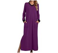 Wyongtao Women's Long Nightgown Cotton Maxi Nightdress Soft Comfy Nightshirt Nightie Long Sleeve V Neck Side Slit Sleep Dress Baggy Nightwear Sleepwear Casual Loungewear with Pockets Purple
