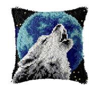 WYOUTDOOR Latch Hook Kit Pillow Latch Hook Kit Cushion Cover Pillowcase Embroidery Kit for Adults And Beginners, Wolf 17" X 17" /43X 43CM