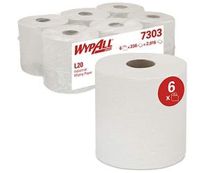 WypAll Industrial Wiping Paper L20 7303, 2-Ply, Centrefeed Roll, Airflex Technology, High Absorbency for Heavy-Duty Cleaning, White, 6 Rolls x 380 Sheets (2,280 Total)