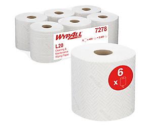 WypAll L20 General Clean White Centrefeed Roll Medium Duty Wipes 2 Ply 7278 6 Rolls x 400 Paper Wipers