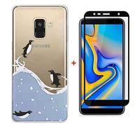 WYRHS Compatible with Samsung Galaxy J4 Plus 2018 TPU Silicone Soft Transparent Cover + 1*Tempered Glass Protective Film Anti Scratch Protective Case -Penguin