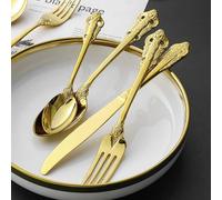 WYRMB Silverware Flatware Cutlery Set, 4/16/24/32/40/48 Pcs 304 Stainless Steel Steak Knife, Fork And Spoon Four-piece Set Mirror Embossed Steak Knife, Fork And Spoon Set,Gold-4 Pieces for 1