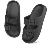 WYSFLY Kids Cloud Slides Boys Girls Adjustable Double Buckle EVA Flat Sandals Summer Pillow Slippers Shower Beach Pool Sliders Black 12 UK Little Kid