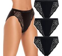 Wysteria Lane Cotton Comforts Women’s High Leg Lace Briefs 3 Pack - Black - UK16 / EU44 - Cotton-Rich Stretch Knickers - Soft Breathable Medium Coverage Underwear