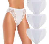 Wysteria Lane Cotton Comforts Women’s High Leg Lace Briefs 3 Pack - White - UK10 / EU38 - Cotton-Rich Stretch Knickers - Soft Breathable Medium Coverage Underwear