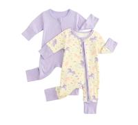 WYTbaby 2 Pack Baby Sleepsuits Two-Way Zip, Breathable Viscose From Bamboo Pajamas with Fold-Over Mittens and Footed for Baby Grows 3-6 Month Purple