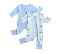 WYTbaby 2 Pack Baby Sleepsuits Two-Way Zip, Breathable Viscose From Bamboo Pajamas with Fold-Over Mittens and Footed for Baby Grows 18-24 Month Blue