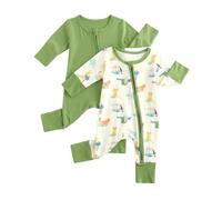 WYTbaby 2 Pack Baby Sleepsuits Two-Way Zip, Breathable Viscose From Bamboo Pajamas with Fold-Over Mittens and Footed for Baby Grows 3-6 Month Green
