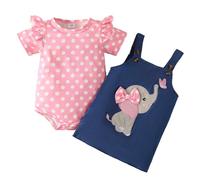 WYTbaby Baby Girl Clothes Newborn Dress Set Short Sleeve Ruffled Romper + Elephant Jeans Dress Summer Outfits 6-9 Months