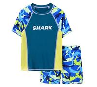 WYTbaby Boys Swimming Costume Two Piece Short Sleeve Kids Rash Guard with Board Shorts Boys Swimwear Sets 12 Years Green
