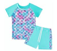 WYTbaby Girls Swimming Costume 2pcs Short Sleeve Mermaid Swimsuit Girls Rash Guard Summer Beach Swimming Set for 6-7 Years