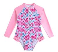 WYTbaby Girls Swimming Costume Mermaid Long Sleeve Swimsuit Girls One Piece Summer Rash Guard for Girls 7-8 Years Pink