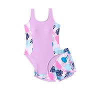 WYTbaby Girls Swimsuit One Piece Sleeveless Swimming Costume with Shorts Tropical Print Bathing Suit for Girls 9-10 Years Purple
