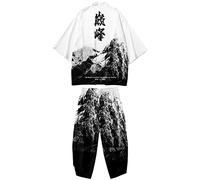 WYUKN Traditional Kimono Set,Japanese Style Kimono Men Pajamas Suit，Long Sleeve Trousers Set Couple Home Service,E2-XS