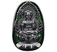 Wyvix Natural Mo Cui Ink Jadeite Ksitigarbha Pendant, Black Jade Bodhisattva Necklace, Hidden Green Di Zang Wang Amulet
