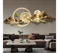 WYWY 3D Metal Wall Art with LED Light and Clock, Modern Feng Shui Mountain Landscape Wall Sculpture for Living Room Bedroom Home Decor(A,100 * 35cm)