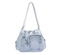 WYXDYSJWM Ita Bag with Clear Window, Women Backpack Nylon Tote Bag Drawstring Shoulder Bag, Large Capacity Versatile Ita Schoolbag, Cute Aesthetic Pins Drawstring Bag for Women Girls，Blue
