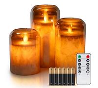 WYZworks Round Hurricane Dual LED Full Body Glow w/Metallic Mirrored Tinted Glass Mottled Crystallized Frosted Texture Pillar Candles, 3D Wick, Battery Operated, Remote & Timer (Set of 3, Gold)