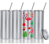 Wzaytia Glitter Sublimation Tumblers 20 Oz Skinny Straight, 4 Pack Sublimation Glitter Skinny Tumbler Blanks, Insulated Stainless Steel Tumbler, Silver